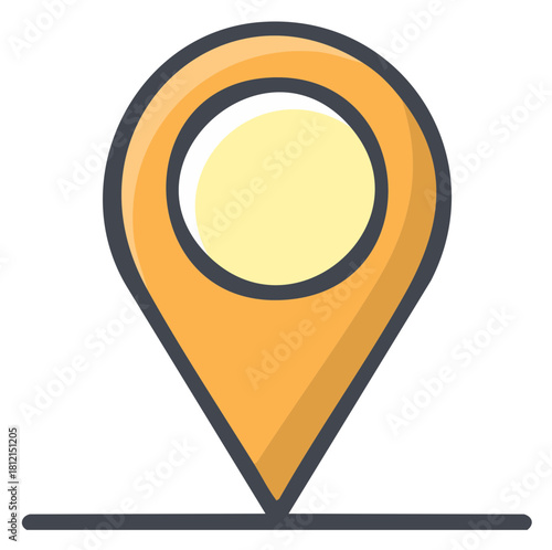 Stylized map marker icon with a bright yellow circle inside and a thin gray line below
