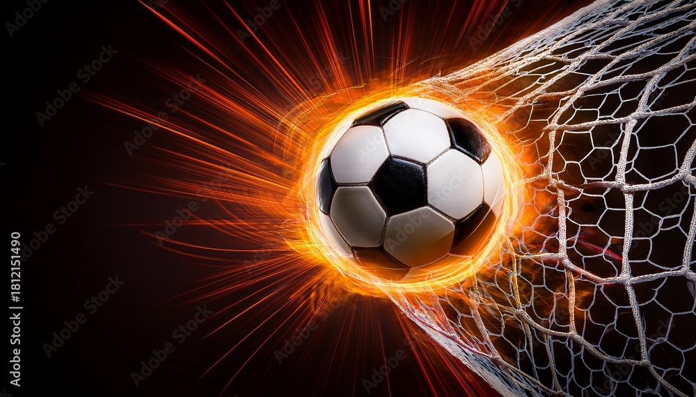 Fototapeta premium dynamic soccer ball with black and white pattern speeding towards a glowing goal net framed by fiery orange and white streaks on a black background