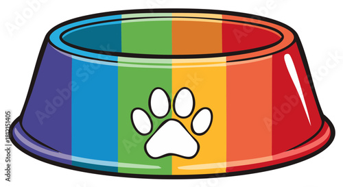 Bright Rainbow Striped Pet Food Bowl Featuring Paw Print Graphic Illustration