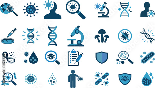 Microbiology and health science vector icon set for research