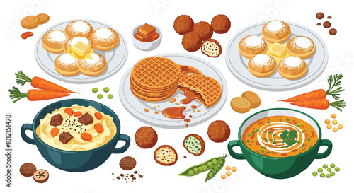 Wholesome and Delicious Vegetarian Meal Assortment: Waffles, Pea Soup, Dumplings, and More for a Colorful Food Presentation