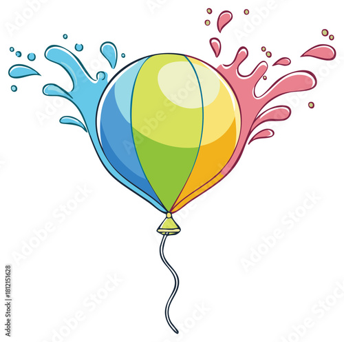 Colorful helium balloon cartoon illustration with water splash effects on both sides