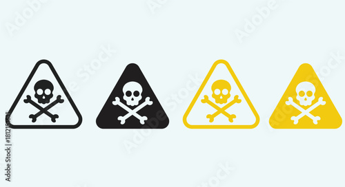 Vector warning icons featuring skull and hazard symbols in triangular shapes. Suitable for safety labels, danger signs, toxic alerts, chemical warnings, instructional materials, and industrial safety 