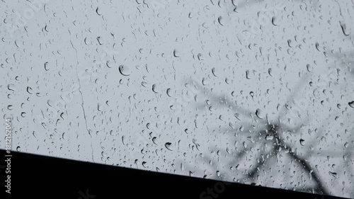 This footage showcases raindrops on a window, presenting a serene view of nature blurred by the rain, evoking feelings of calmness and reflection on rainy days.
