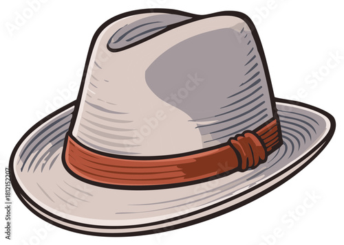 Stylish fedora hat with a textured band and wide brim depicted in a graphic illustration style