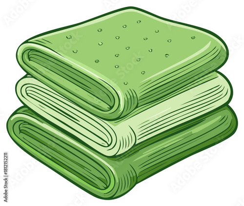 Clean stacked green folded towels or fabric cartoon illustration