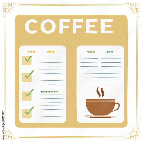 Coffee menu board with checklist and steaming cup for cafe orders and choices