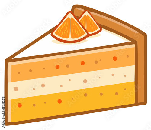 Slice of layered orange cake with cream frosting and fruit garnish vector illustration