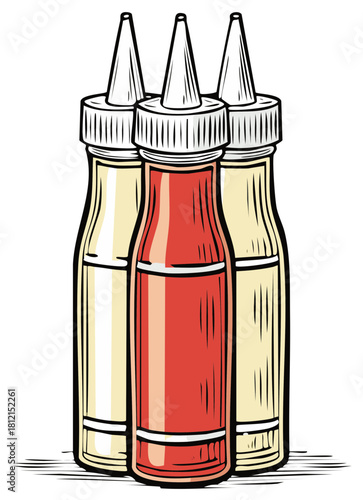 Ketchup and Mustard Sauce Squeeze Bottles Hand Drawn Illustration