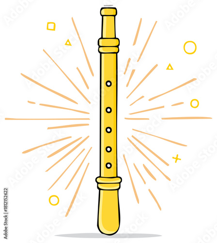 Cartoon illustration of a yellow recorder with sunbursts, musical instrument