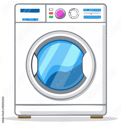Cartoon illustration of a modern white front loading washing machine appliance