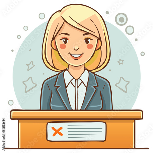 Professional Woman Speaking from Podium with Vote Against Symbol