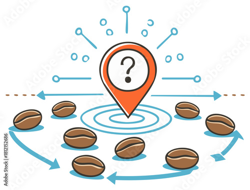 Conceptual Coffee Beans Circle Around Pin with Question Mark on a White Background