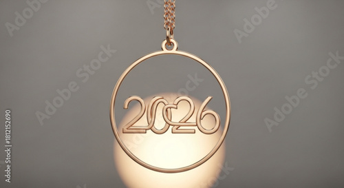 Rose gold necklace pendant with the year 2026 inside a circular frame against a blurred background created with generated ai