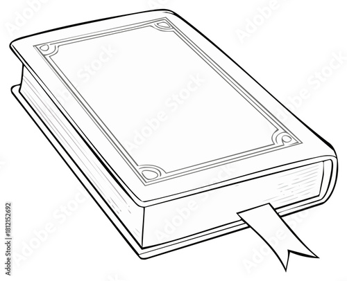 Vintage Hardcover Book with Ornate Blank Cover and Bookmark Black and White Line Art Illustration
