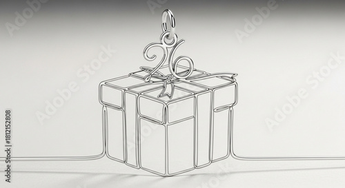 Continuous line drawing of a gift box with a bow and a pendant with the number twenty six created with generated ai