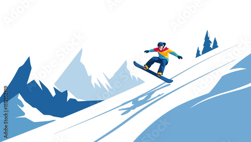 Snowboarder midair with colorful jacket and blue snowboard in mountains