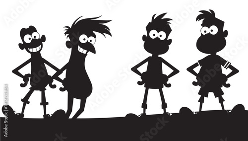 Quirky cartoon characters striking poses in silhouette, perfect for children's books or animated series, conveying playful energy and mischievous fun