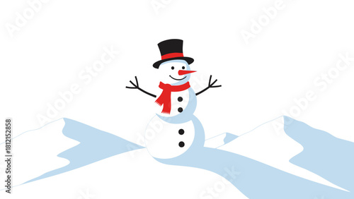 Snowman with top hat and scarf on snowy mountains