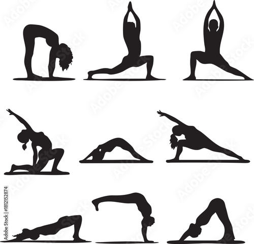 Diverse Yoga Poses Silhouettes Collection stretching