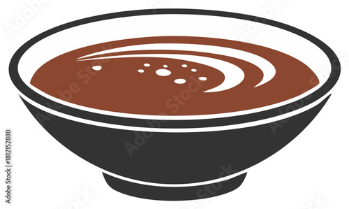 Stylized vector icon of a black bowl with hot brown soup or broth