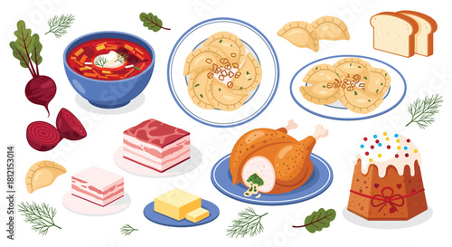 Festive Cartoon Slavic Cuisine: Traditional Dishes Including Borscht, Vareniki, Easter Cake, Roast Chicken, and Ingredients, Perfect for Culinary Projects.