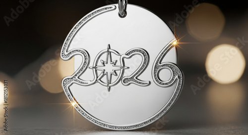 Close up of silver pendant with the year 2026 and a star design against a blurred bokeh background created with generated ai