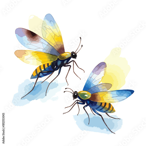 Two Colorful Watercolor Bees With Blue Yellow Wings.