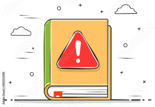 Illustrated book featuring a red warning triangle with an exclamation mark concept for critical information
