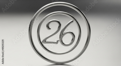 Silver metal number twenty six inside a silver circle on a grey and white gradient background created with generated ai