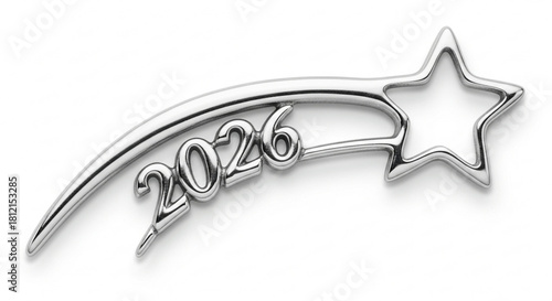 Shiny silver metallic year two thousand twenty six shooting star on a white plain background design element created with generated ai