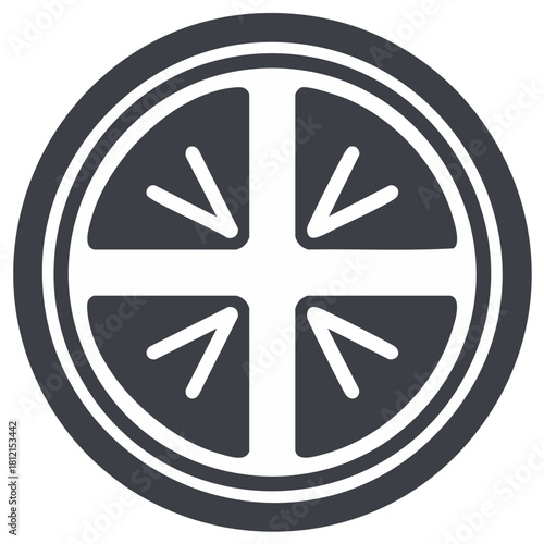 Circular network router icon with inbound data arrows. Modern flat technology symbol for connectivity and security.