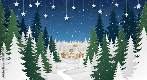 Illustration of a winter landscape with christmas trees and houses under a starry night sky backdrop scene created with generated ai