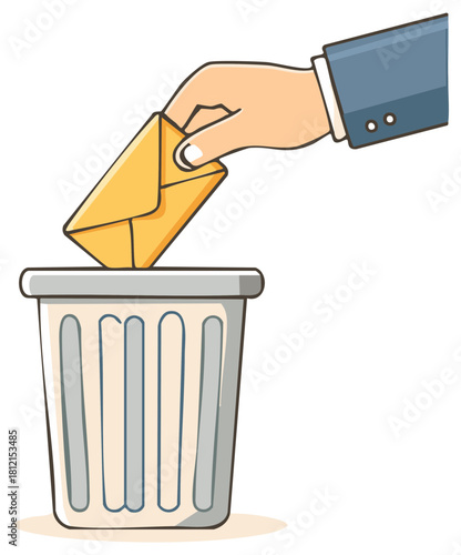 Man in Suit Throwing a Junk Mail Envelope into a Garbage Can Illustration