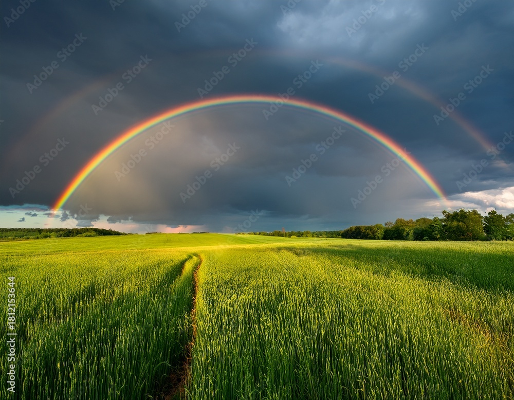 Naklejka premium the double rainbow over a lush green meadow under a dramatic stormy sky
