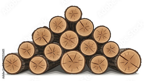 Stacked cut logs form a triangular pyramid on a white background