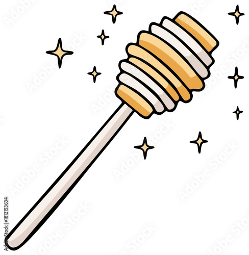 Wooden Honey Dipper with Dripping Honey and Sparkling Stars, Cartoon Hand Drawn Style, Sweet Treat Ingredient