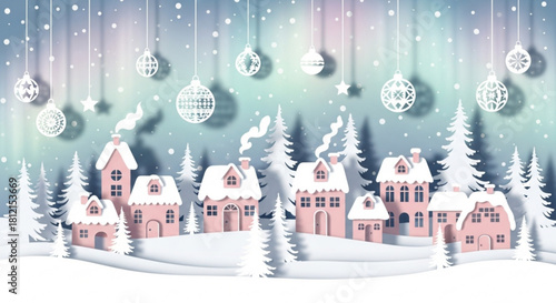 Winter scene with pink houses and white trees under hanging ornaments and falling snow creating a festive mood created with generated ai