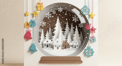 Christmas scene with paper cut design featuring snow covered houses and trees in a circular frame design created with generated ai