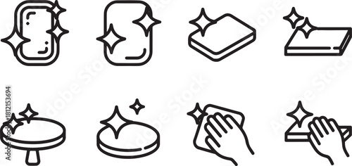 Set of eight clean surface line art icons cleaning