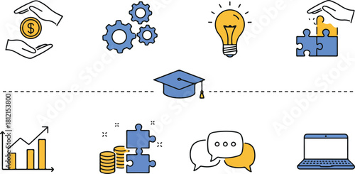 Collection of hand drawn icons representing technology innovation and digital security concepts