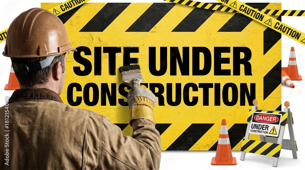 Fototapeta premium A painter man holding a paintbrush actively drawing the words ‘Site Under Construction’. Suitable for marketing or business purposes