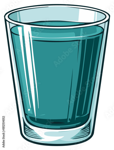 Illustration of a transparent glass tumbler filled with vibrant teal blue-green liquid, depicting hydration and clarity