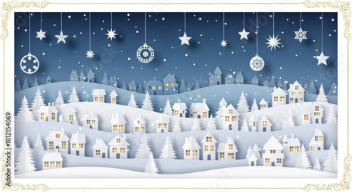 Winter village scene with snow covered houses and christmas decorations hanging from the night sky created with generated ai
