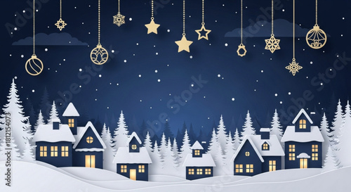 Winter village scene with snow covered houses trees and hanging christmas ornaments against a dark blue sky created with generated ai