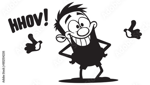Cartoon character exclaims "HHOV!" with a cheerful expression and thumbs-up gestures, perfect for adding a fun and playful touch to any design project