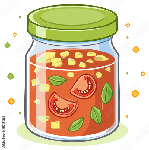 Jar of tomato soup with basil, cheese cubes, and tomato slices
