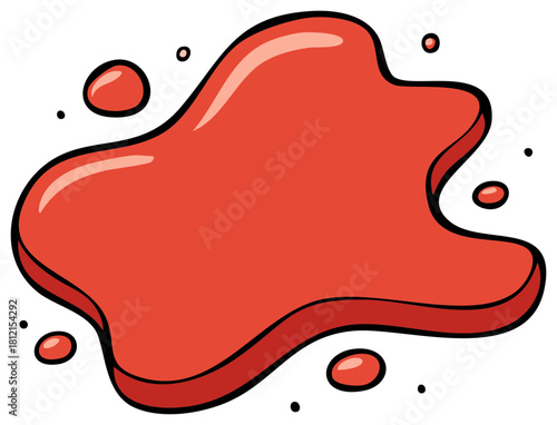 Glossy red liquid splat or paint spill in a fun cartoon illustration style
