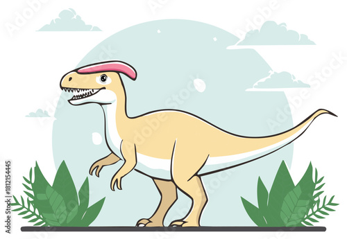 Cute cartoon Parasaurolophus dinosaur illustration standing in prehistoric landscape