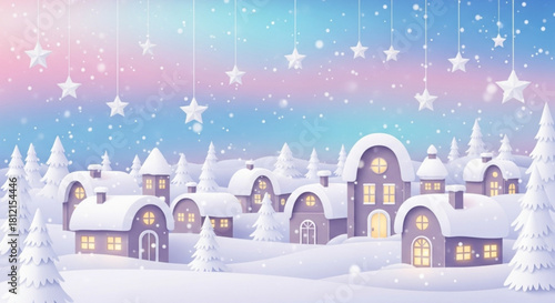Winter village scene with snow covered houses and trees under a pastel sky with hanging stars created with generated ai